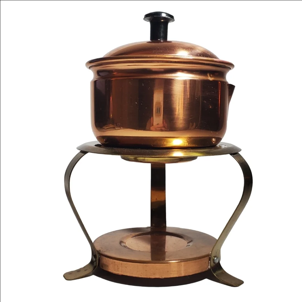 Mid-Century Copper Cookware Covered Butter Warmer Small Sauce, Mini Fondue Pot